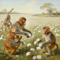 monkeys picking up cotton in a field, old painting