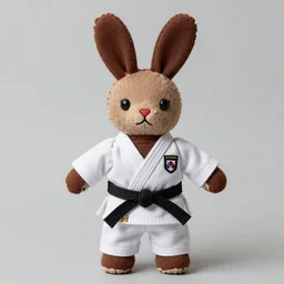 a soft chocolate plush rabbit monk doll hand stitched from an old sock and wearing an old karate uniform, photography, photorealistic, national geographic
