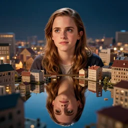 emma watson, chrome reflect, calming, uplifting mood, ultra realistic, funny, small buildings, highly detailed, epic lighting, illuminated, cinematic, art by eddie mendoza