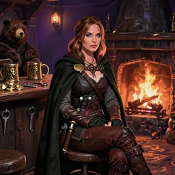 kate beckinsale weared as thief, with knives in bandolier and cloak cape, sit in dark fantasy tavern near fireplace, behind bar deck with bear mugs, lockpicks and pile of gold, medieval dnd, colorfull digital fantasy art, 4k