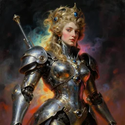 a baroque neoclassicist close - up portrait of an 1 8 0 0 s mecha queen. reflective detailed textures. glowing colorful fog, dark background. highly detailed fantasy science fiction painting by moebius, norman rockwell, frank frazetta, and syd mead. rich colors, high contrast. artstation