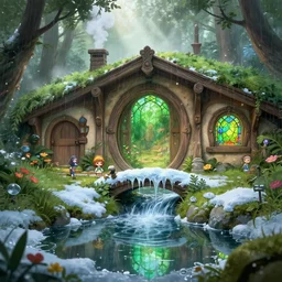 inside a medieval hobbit home, ornate, beautiful, atmosphere, vibe, mist, smoke, chimney, rain, reflection, pristine, puddles, waterfall, melting, dripping, snow, creek, lush, ice, bridge, green, stained glass, forest, flowers, concept art illustration, color page, 4 k, tone mapping, doll, akihiko yoshida, james jean, andrei riabovitchev, marc simonetti, yoshitaka amano, digital illustration, greg rutowski, volumetric lighting, sunbeams, particles, trending on artstation