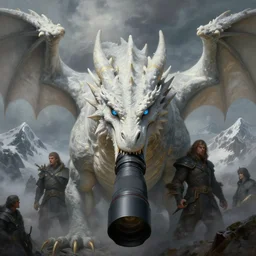 adult white dragon, long lens, close up, by greg rutkowski, drark, marvel comics, dark, plutus su and chris scalf and lucas graciano and billy christian, symmetrical, snowy mountains, atmospheric haze, blue eye, grey and gold color palette, painting, d & d, fantasy, detailed, realistic, complimentary colors, light, artstation, cinematic, dramatic lighting, close up, storm clouds, hudson river school