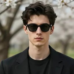 detailed cinematic wide shot of beautiful attractive young man sunglasses black clothes black hair no beard slim face symettrical face clean skin blue eyes black clothes, ultra realistic, spring light, painting by gaston bussiere, craig mullins, j. c. leyendecker