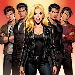 rafael albuquerque comic art, peter mohrbacher, steve niles, phil noto, artgerm, pretty scarlett johansson vampire sharp vampire teeth open mouth, symmetrical eyes, black leather jacket, jeans, long blonde hair
