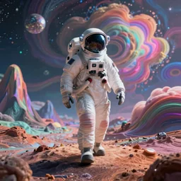 a futuristic astronaut walking on an alien psychedelic planet with strange colorful clouds and mountains, 8 k