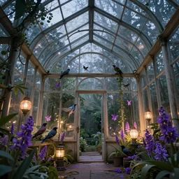 glass greenhouse, another world, birds, purple flowers, fairy tale, evening lights, highly detailed, low angle view, artstation, mysterious, comfort, in the style of aetherpunk
