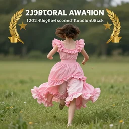 a woman in pink frills running around in a field, photograph, photorealistic, award winning photo