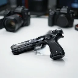 a pistol from blade runner 2 0 4 9 is sitting on the white table, clear focus, bokeh effect, high res, hasselblad, dslr, wide angle lens
