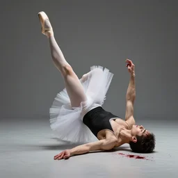 a male ballet dancer falling, breaking his leg, blood hyperrealism