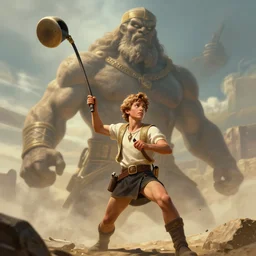 Young David with his sling in front of the giant Philistine paladin Goliath , Greg rutkowski, Trending artstation, cinematographic, digital Art