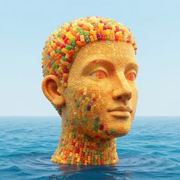a giant human head sculpture in the sea made out of thousands of small gummy bears, in the style of chad knight, long shot, hyper detailed, hyper realistic, ray tracing, 8 k resolution, sharp focus, realistic water, award winning