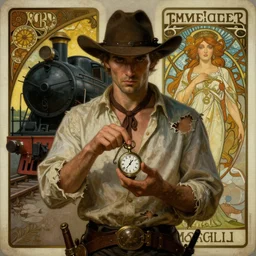 a dramatic moody symmetrical painting of a suspicious handsome cowboy holding a pocketwatch | his shirt is ripped open | background is a train locomotive | tarot card, art deco, art nouveau, steampunk | by Alphonse Mucha,  by Mark Maggiori | trending on artstation