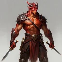 red scaled male dragonborn, rogue outfit, muscular, wielding two daggers, fantasy, highly detailed, sharp, digital painting, cell shading