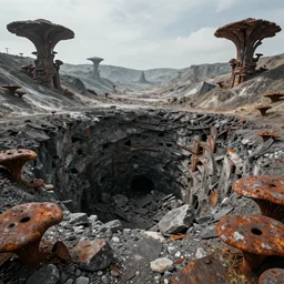the asphalt mines, rubble encases an abandoned mine, retro - futuristic, science - fantasy, hills, ancient tribe, rusted, fungal, salt, lgbt, queer, rpg, epic, dungeons & dragons, sacred, sharp focus, award - winning, extremely detailed, 4 k, 8 k