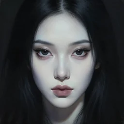 face of a beautiful woman with very black hair, intimidating woman, large black eyes, high forehead, smooth pale skin, ethereal skin, ominous, eldritch. oil painting by nuri iyem, james gurney, james jean, greg rutkowski, highly detailed, soft lighting, chiaroscuro
