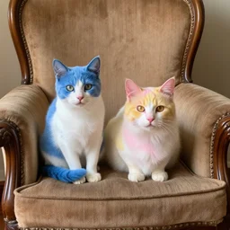 two cats on an old armchair, blue and white hair, yellow and pink hair