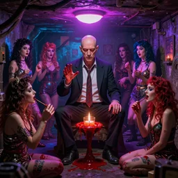 underground cellar interior neon lighting photorealistic detailed matte painting portrait of wan! bald british man surrounded by tweakers!! addicts!! groupies! performing ritual blood!! magic! greg rutkowski artstation hdr vivid color vaporwave ( ( ( alphonse mucha ) ) )