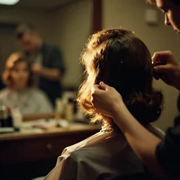 a 3 5 mm photo from the back of a woman at the hairdresser in the 1 9 6 0 s, bokeh, canon 5 0 mm, cinematic lighting, dramatic, film, photography, golden hour, depth of field, award - winning, 3 5 mm film grain