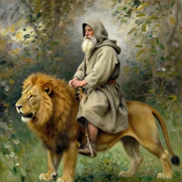 old man ( wise long white beard wearing a hooded tunic ) riding on lions back by renoir