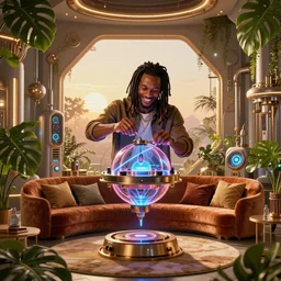 very very beautiful portrait of a jamaican man with dreadlocks repairing a toroidal energy device, floating in zero gravity, in a comfy velvet loungeroom,  solarpunk,  detailed realistic smiling faces, surrounded by advanced elegant factory machinery, monstera deliciosa, biomechanical, symmetrical, sunrise, golden ratio, elegant, elite, lush, atmospheric, volumetric lighting, haunting, wide angle, cinematic, trending on artstation, unreal engine, 8k, vivid and vibrant