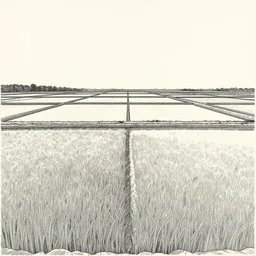 rice field by dan mumford and peter doig and edward hopper, symmetrical, minimal, black ink, thick lines highly detailed, muted colours 8 k