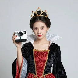 A young beauty girl wearing a costume of the Queen of the night of Mozart, professional studio photo, polaroid camera, 4k
