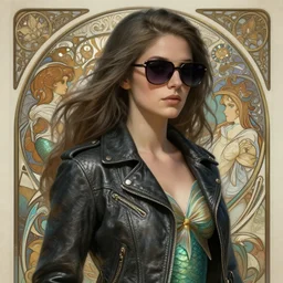 a beautiful mermaid wearing sunglasses and a leather jacket, photography of kurzgesagt, deep focus, d & d, fantasy, intricate, elegant, highly detailed, digital painting, artstation, concept art, matte, sharp focus, illustration, hearthstone, art by artgerm and greg rutkowski and alphonse mucha