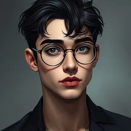 portrait of a cute androgynous young man with black hair and round glasses, heart shaped head, detailed face, clean shaven, round gucci glasses, elegant digital art by lise deharme, trending on artstation