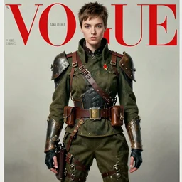 vogue magazine cover : full - body portrait of shortpixiecut sadie sink as a rebel dystopian soviet steampunk soldier, ultrarealistic, photorealistic, intricate detail, photograph by anne leibovitz