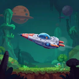 a spaceship on a strange alien planet with an alien forest in background, from a space themed Serria point and click 2D graphic adventure game, made in 2019, high quality graphics