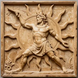 an extremely detailed wood relief carving depicting a monstrous image of the god apollo transforming into a stylized sun, medieval, renaissance, manuscript, woodcut, in the style of albrecht durer, alchemical symbols