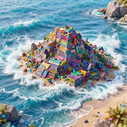 plastic beach island waves caustics fluid simulation lighting impressive colorful masterpiece graffiti hyper perspective textured detailed intricate sharp focus 8 k octane render nvidia raytracing demo