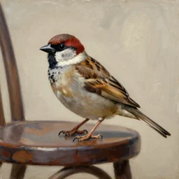 an oil painting of a sparrow perched on a chair, highly detailed, oleo, artstation, sharp focus, by diego velazquez