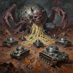 oil painting nightmare macerated future mollusk run army tanks metal noodle terrorizing army clawed chaos landscape fecund afraid of demon barbed footprints treads hooped around destroyed rust landscape in primoridal slimes dropping into in necrotized skins, cinematic, fine art, ornate masterpiece, by wayne d barlowe