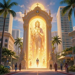a holy glowing divine portal opening in dreamy kalakaua avenue, 2 worlds colliding between a gateway to greg rutkowski renaissance italy and modern waikiki realm, majestic, luxurious, higher being, amazed, by peter mohrbacher, ilya kuvshinov, james jean, vincent di fate