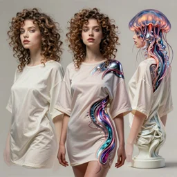 Vass Roland cover art body art pose future bass girl unwrapped smooth body fabric oversized shirt unfolds statue bust curls of hair petite lush front and side view body photography model full body curly jellyfish lips art contrast vibrant futuristic fabric skin jellyfish material metal veins style of Jonathan Zawada, Thisset colours simple background objective