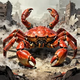 a very big giant mechanical weapons battle armor crab in the middle of war - torn battlefield of a crumbling city, some smoke, artstation, concept art, smooth, sharp focus, vivid grunge, manga, illustration, unreal engine 5, 8 k, wide angle, by bilibin and kuvshinov and malevich and mucha, traditional japanese colors, superior quality, very detailed