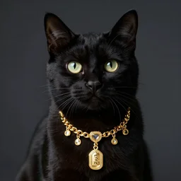 Magestic Black cat wearing gold Jewlery, award winning photo, dramatic lighting