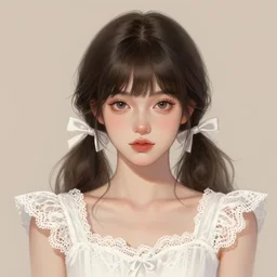a beautiful digital illustration sketch portrait of a pretty greek girl, with bangs and twintails, dark hair with bow ties, wearing a white lace dress. ilya kuvshinov