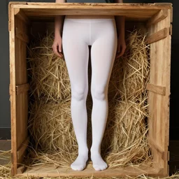 realistic photo of a common normal girl in white tights staying straight in a big wooden box, that is filled with brushwood and hay 2 0 0 0, life magazine photo,