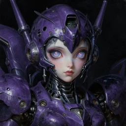 a baroque neoclassicist renaissance close - up portrait of a purple and black obsidian whimsical 1 8 0 0 s mecha gundam girl with big, glowing eyes. reflective detailed textures. gloomy black background. highly detailed fantasy science fiction painting by moebius, norman rockwell, frank frazetta, and syd mead. rich colors, high contrast. artstation