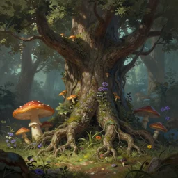 a beautiful digital illustration painting of a detailed fantasy tree trunk and roots, mushroom, flowers by by wayne barlowe, peter mohrbacher, kelly mckernan. 8 k resolution trending on artstation concept art digital illustration