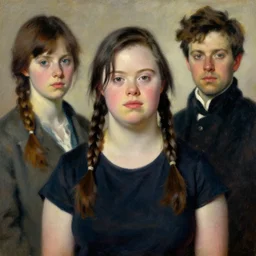 a stunning masterful portrait of a confident down syndrome woman with braided hair by andrew wyeth, john singer sargent, and norman rockwell, natural light, oil painting, ethereal, wong kar wai, strong brushwork
