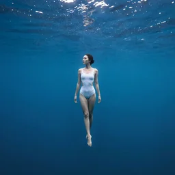 a photo of a a vast underwater with a woman in the center curled and hugging her knees. Cinematic post-processing. Award winning portrait photography. Sharp eyes.