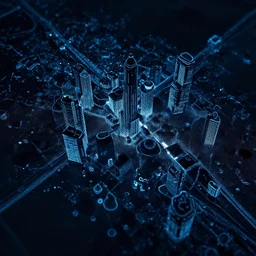 A dark microscopic glowing city on the surface of a digital screen coherent macro photography