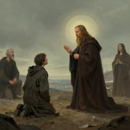 the last survivors on earth kneel before a false prophet in the year 5 0 0 0, somber, hopeful, concept art, most popular of all time on artstation, by ted nasmith, ralph horsley