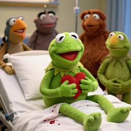 kermit has a heart attack while all the other muppets watching in the hospital bed tragic blood loss kermit is holding his heart