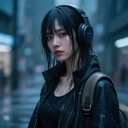 photo of cyberpunk girl under rain