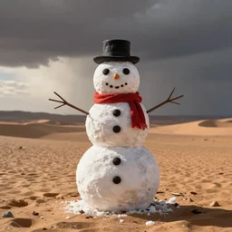 a snowman looking like mr white from braking bad. in the desert. dramatic photo